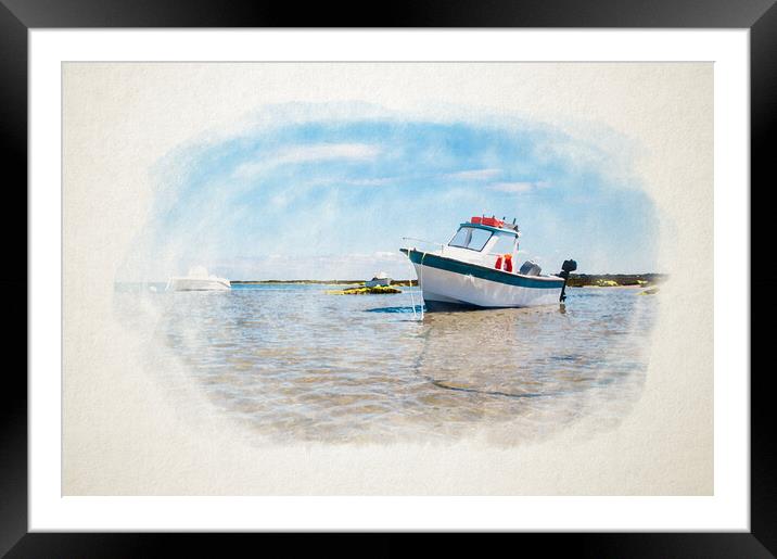 White boat on sand in watercolor Framed Mounted Print by youri Mahieu