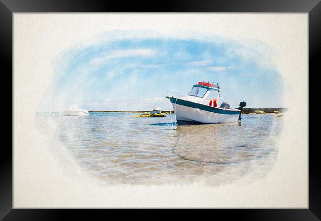White boat on sand in watercolor Framed Print by youri Mahieu