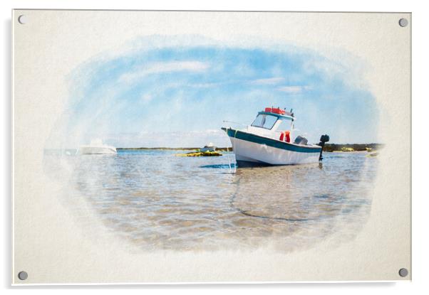 White boat on sand in watercolor Acrylic by youri Mahieu
