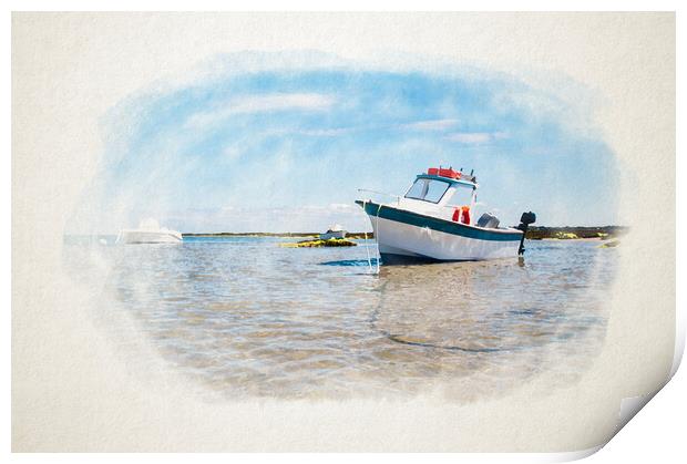 White boat on sand in watercolor Print by youri Mahieu