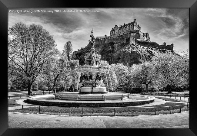 Ross Fountain and Edinburgh Castle in spring mono Framed Print by Angus McComiskey