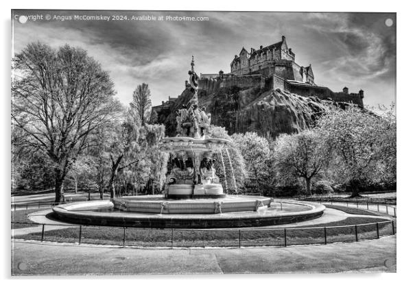 Ross Fountain and Edinburgh Castle in spring mono Acrylic by Angus McComiskey