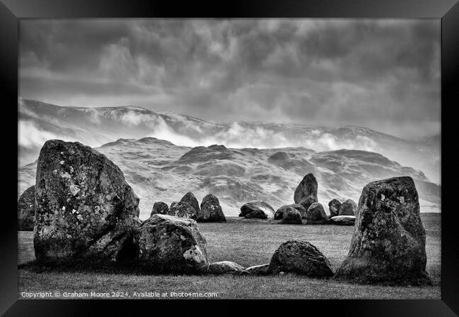Castlerigg Low Rigg and Threlkeld Knotts monochrome Framed Print by Graham Moore