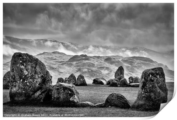 Castlerigg Low Rigg and Threlkeld Knotts monochrome Print by Graham Moore