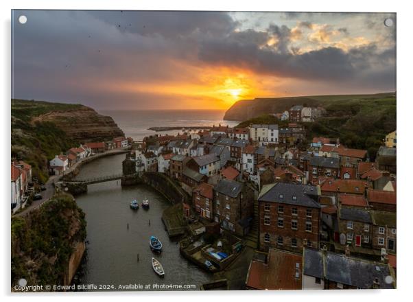 Staithes Golden Sunrise Acrylic by Edward Bilcliffe