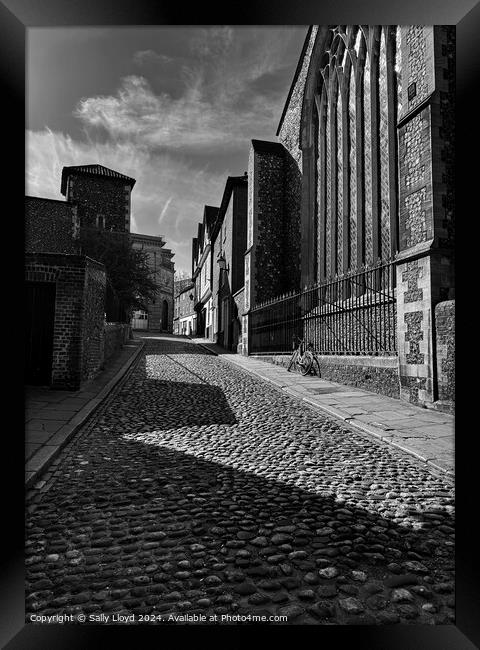 Elm Hill Norwich in Black and White Framed Print by Sally Lloyd