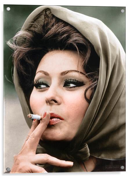 Gorgeous Sophia Loren with a headscarf smoking  Acrylic by Dejan Travica