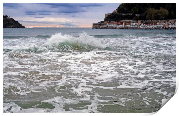 A wave breaks in the bay of San Sebastian, Spain Print by Lensw0rld 
