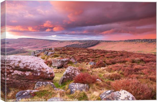 Sunset and dramatic sky over Stanage Edge - Peak District  Canvas Print by Chris Warham