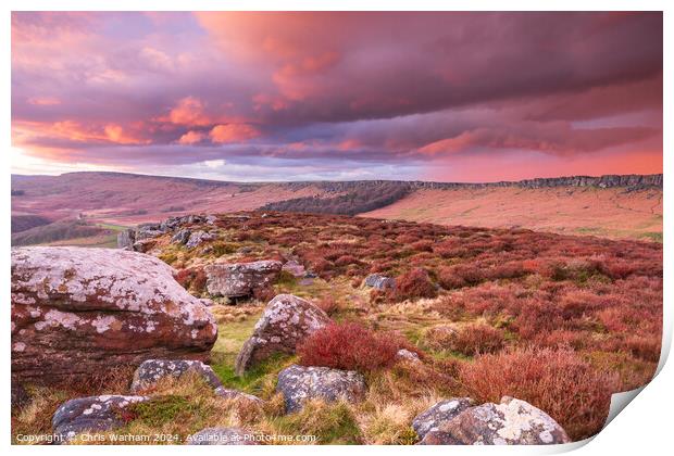 Sunset and dramatic sky over Stanage Edge - Peak District  Print by Chris Warham