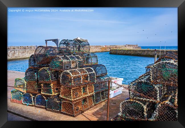 Lobster pots on quayside at St Andrews harbour Framed Print by Angus McComiskey