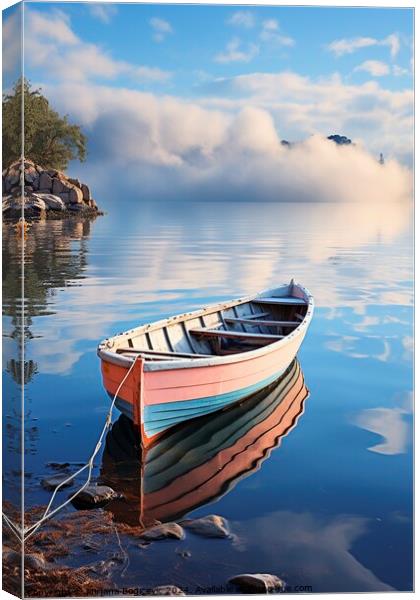 Rowboat on the calm water, created with generative AI Canvas Print by Mirjana Bogicevic