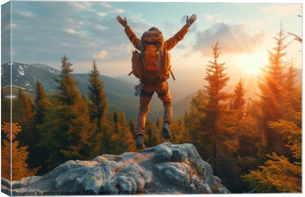 Jubilant Hiker Celebrates Sunset Atop a Mountainous Vista Canvas Print by Mirjana Bogicevic