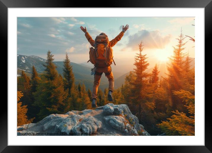 Jubilant Hiker Celebrates Sunset Atop a Mountainous Vista Framed Mounted Print by Mirjana Bogicevic