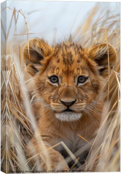 Majestic lion cub gaze in the golden savanna at dusk. Generative Canvas Print by Mirjana Bogicevic