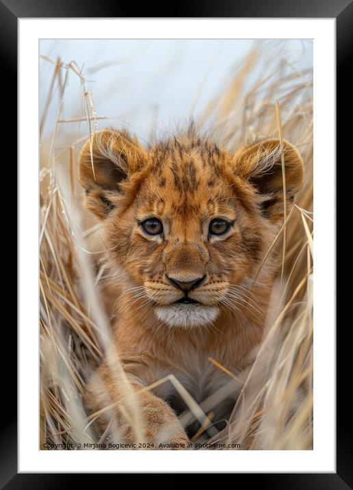 Majestic lion cub gaze in the golden savanna at dusk. Generative Framed Mounted Print by Mirjana Bogicevic
