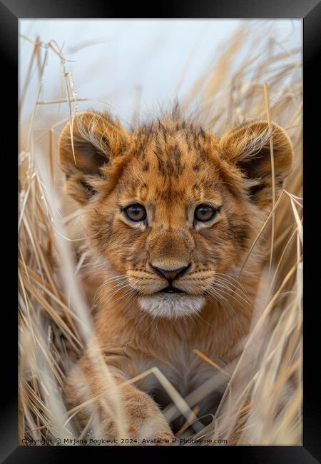 Majestic lion cub gaze in the golden savanna at dusk. Generative Framed Print by Mirjana Bogicevic