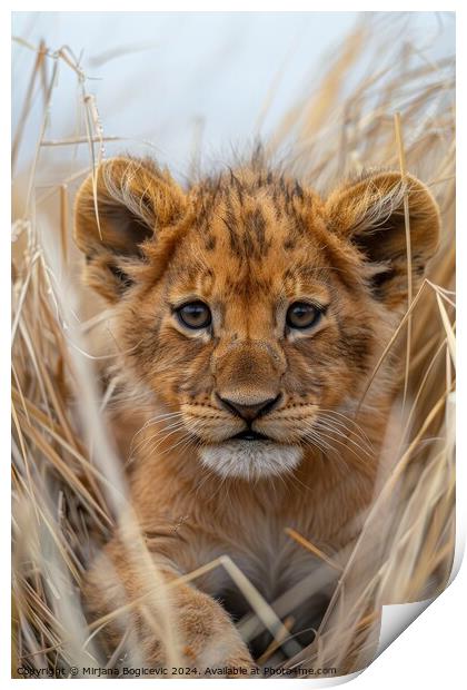 Majestic lion cub gaze in the golden savanna at dusk. Generative Print by Mirjana Bogicevic