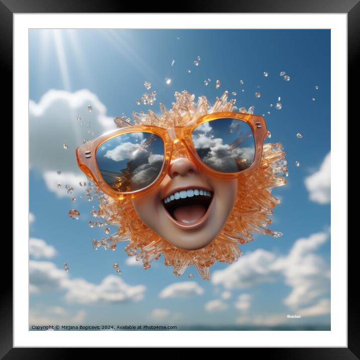 Smiling sun wearing sunglasses  in the sky Framed Mounted Print by Mirjana Bogicevic