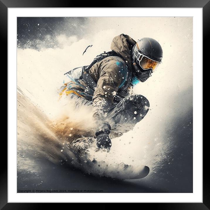 Snowboarder glides down the mountain Framed Mounted Print by Mirjana Bogicevic