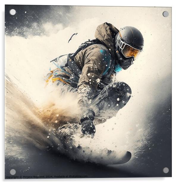 Snowboarder glides down the mountain Acrylic by Mirjana Bogicevic