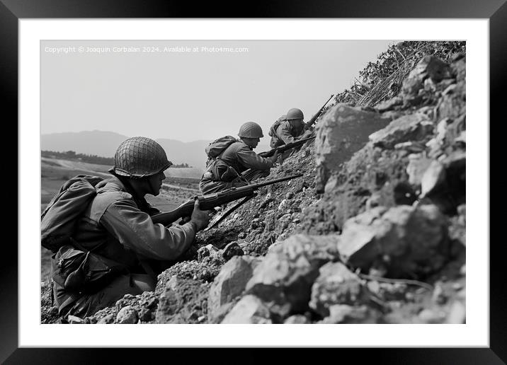 A black and white photograph showing a group of soldiers in uniform. Framed Mounted Print by Joaquin Corbalan