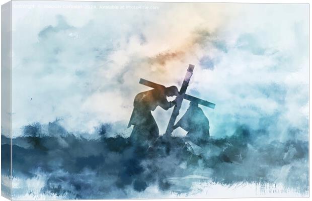 A digital watercolor painting depicting Jesus carrying a cross. Canvas Print by Joaquin Corbalan