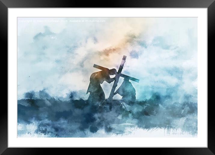 A digital watercolor painting depicting Jesus carrying a cross. Framed Mounted Print by Joaquin Corbalan