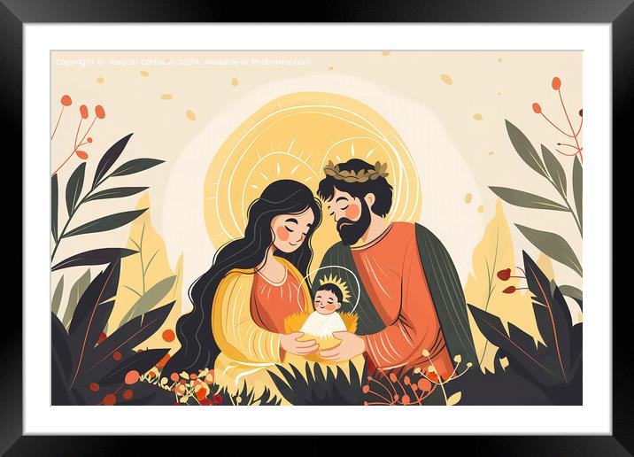 A painting depicting a man and woman tenderly holding a baby in a Christmas nativity scene. Framed Mounted Print by Joaquin Corbalan