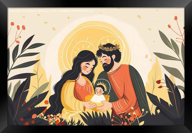 A painting depicting a man and woman tenderly holding a baby in a Christmas nativity scene. Framed Print by Joaquin Corbalan