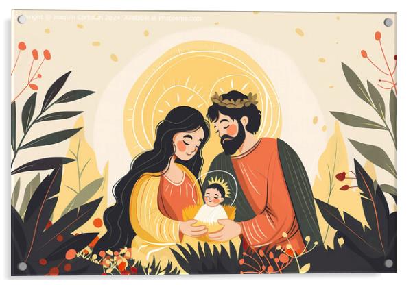 A painting depicting a man and woman tenderly holding a baby in a Christmas nativity scene. Acrylic by Joaquin Corbalan