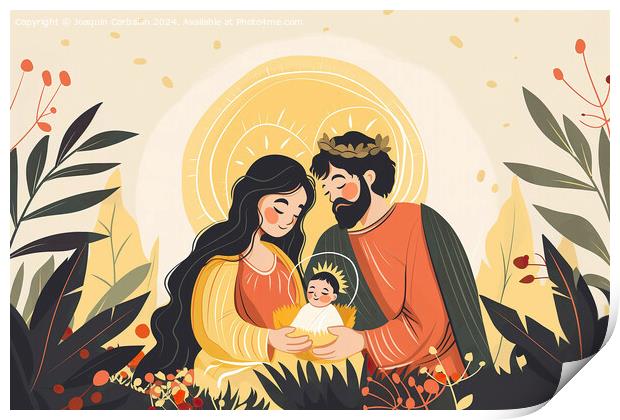 A painting depicting a man and woman tenderly holding a baby in a Christmas nativity scene. Print by Joaquin Corbalan