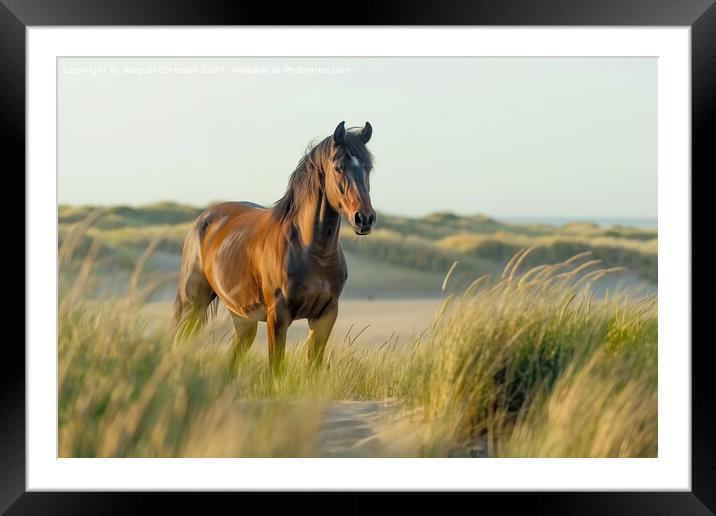 A proud bay stallion standing on a grassy field in North Sea. Framed Mounted Print by Joaquin Corbalan