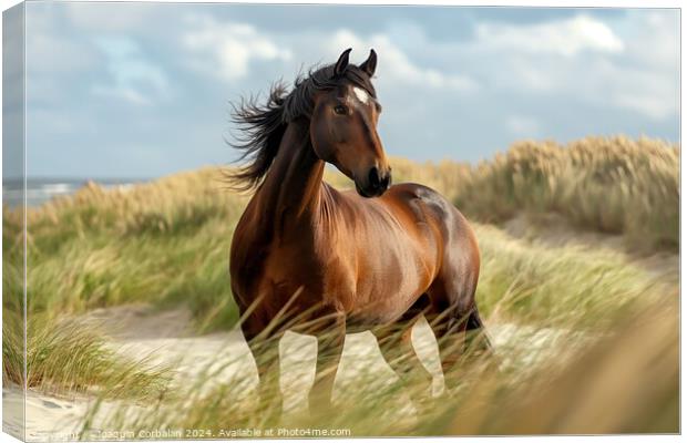 A proud brown stallion stands on a sandy beach facing the North Sea. Canvas Print by Joaquin Corbalan