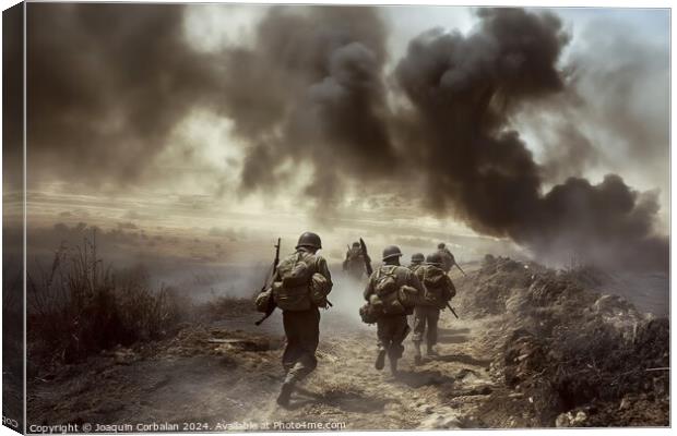 Group of soldiers walking along a dusty road. Canvas Print by Joaquin Corbalan
