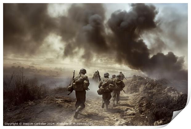Group of soldiers walking along a dusty road. Print by Joaquin Corbalan