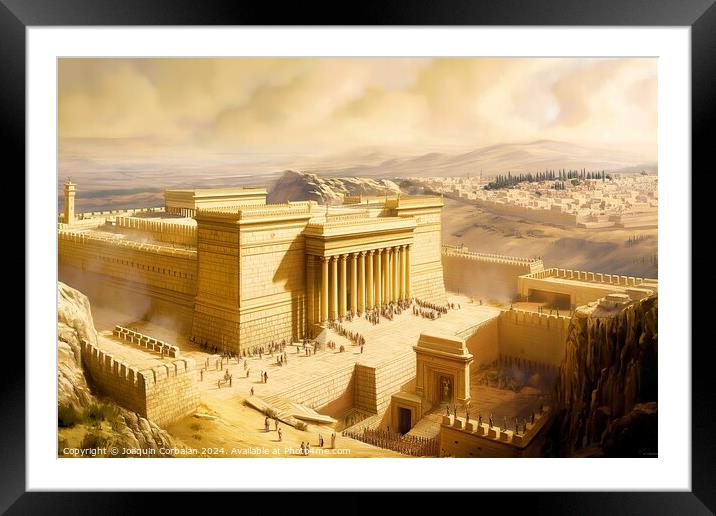 Jerusalem temple, Painting of an ancient city surrounded by towering mountains. Framed Mounted Print by Joaquin Corbalan