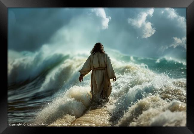 Jesus Christ , walking on turbulent waters, fancing towards camera Framed Print by Joaquin Corbalan