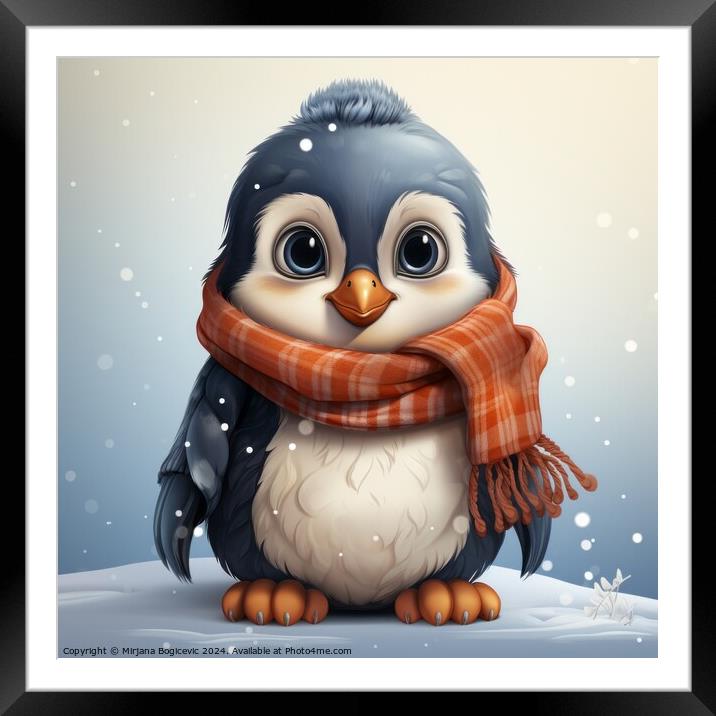 Cartoon penguin wearing a scarf Framed Mounted Print by Mirjana Bogicevic