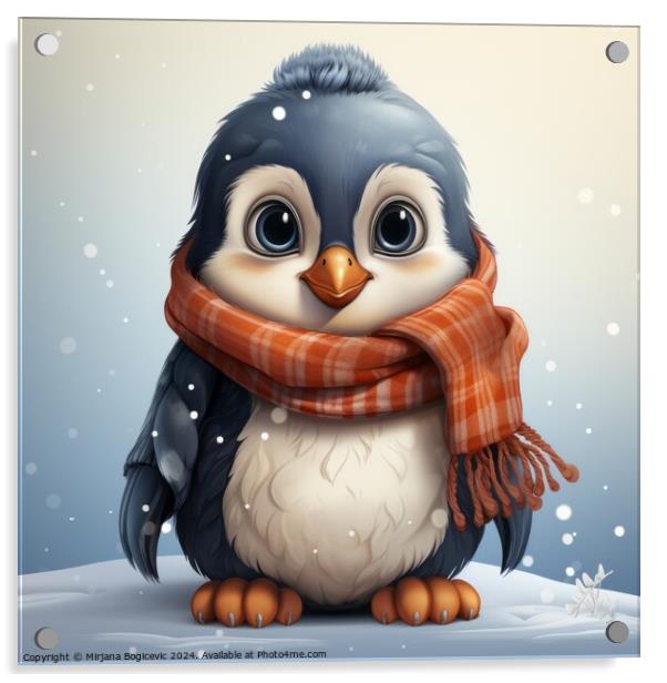 Cartoon penguin wearing a scarf Acrylic by Mirjana Bogicevic