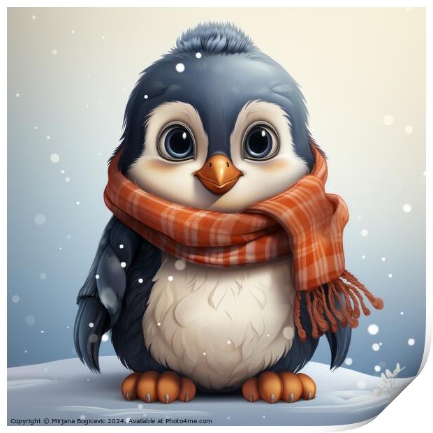 Cartoon penguin wearing a scarf Print by Mirjana Bogicevic