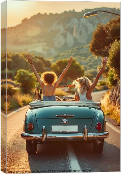 Joyful Journey, Friends Embrace Adventure on a Scenic Road Trip  Canvas Print by Mirjana Bogicevic