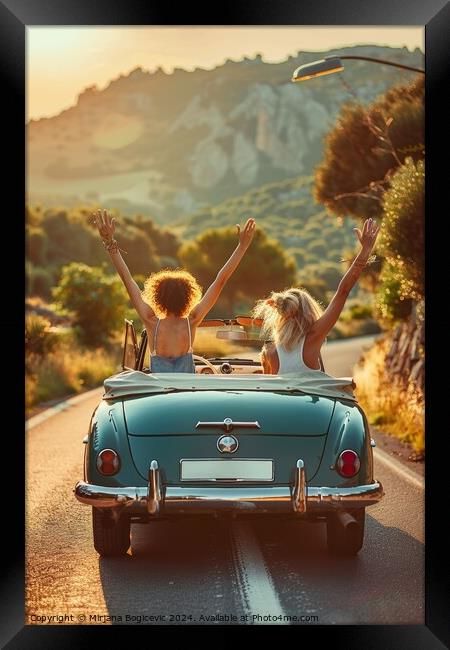 Joyful Journey, Friends Embrace Adventure on a Scenic Road Trip  Framed Print by Mirjana Bogicevic