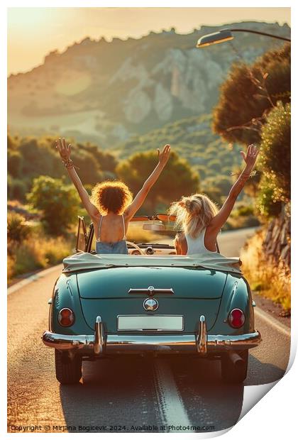 Joyful Journey, Friends Embrace Adventure on a Scenic Road Trip  Print by Mirjana Bogicevic