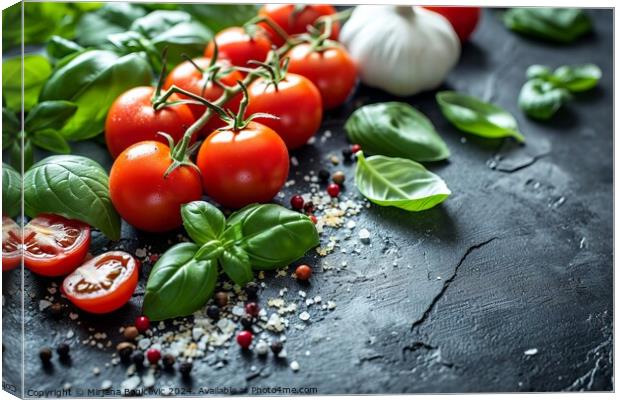 Fresh Garden Tomatoes and Basil on a Textured Black Surface Under Soft Light, Symbolizing Mediterranean Cuisine Created With Generative AI Technology Canvas Print by Mirjana Bogicevic