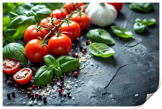 Fresh Garden Tomatoes and Basil on a Textured Black Surface Under Soft Light, Symbolizing Mediterranean Cuisine Created With Generative AI Technology Print by Mirjana Bogicevic