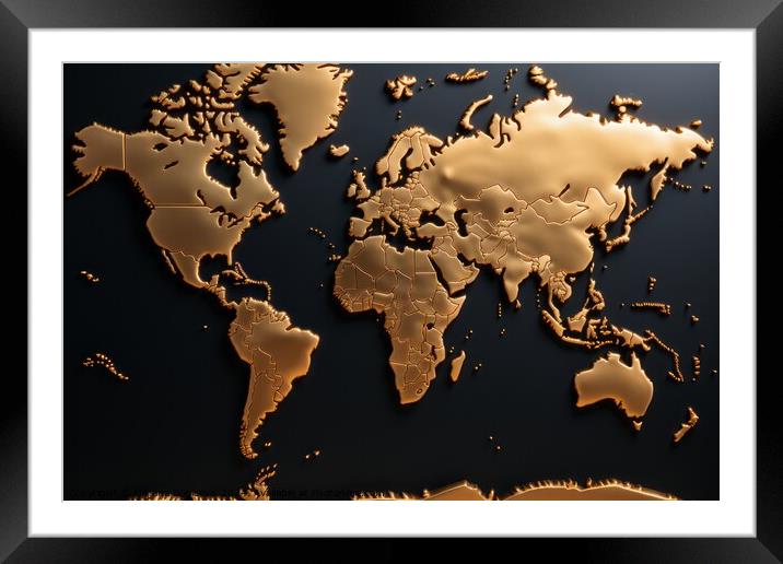 Simple gold world map Framed Mounted Print by Mirjana Bogicevic