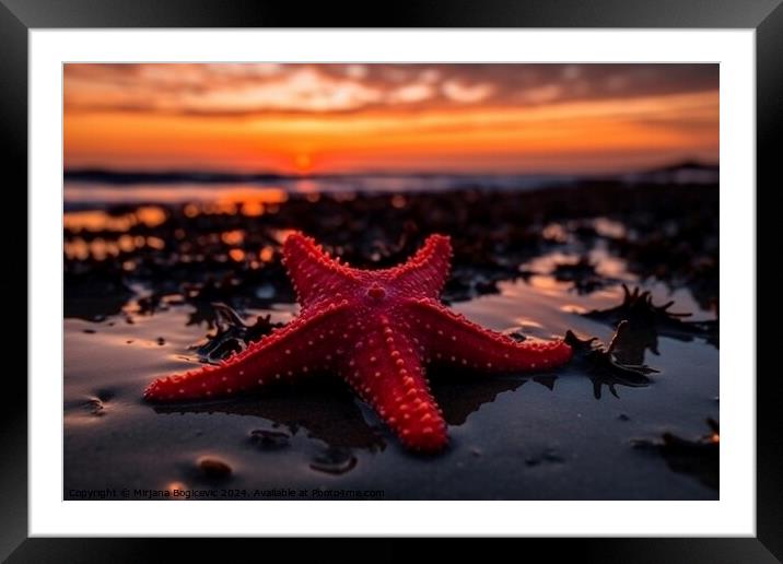 Red seastar on the sandy beach at sunset Framed Mounted Print by Mirjana Bogicevic