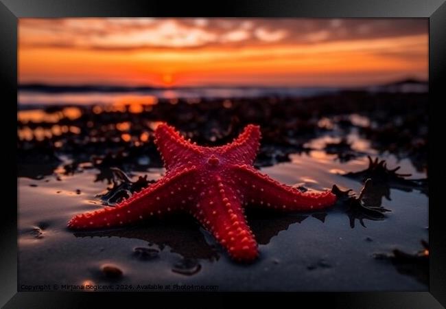 Red seastar on the sandy beach at sunset Framed Print by Mirjana Bogicevic