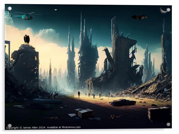 Crazy Dystopian City In Ruins Acrylic by James Allen